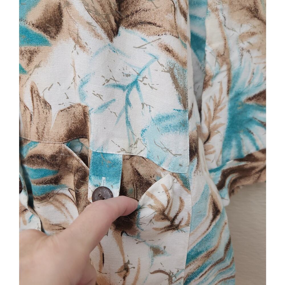 VTG Alfred Dunner Teal Tan Floral Print Button Up Top 14 Lightweight Collard - Picture 3 of 5